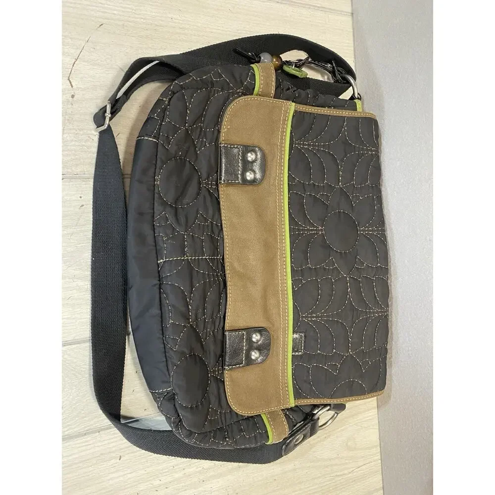 Fossil KeyPer Black Green Floral Quilted Padded Laptop Messenger Bag Crossbody